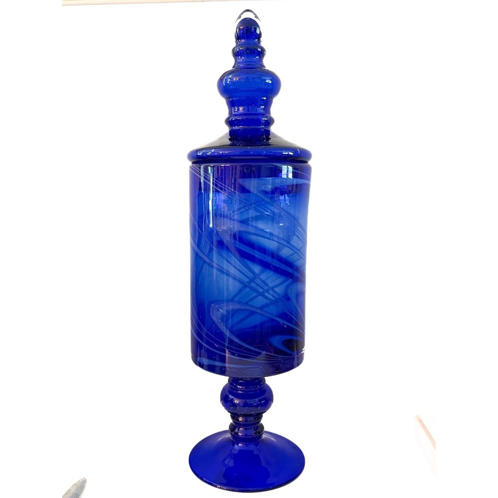 Vintage 19" Empoli Retro Blue Swirl Blown Glass Apothecary Lidded Cylinder Jar